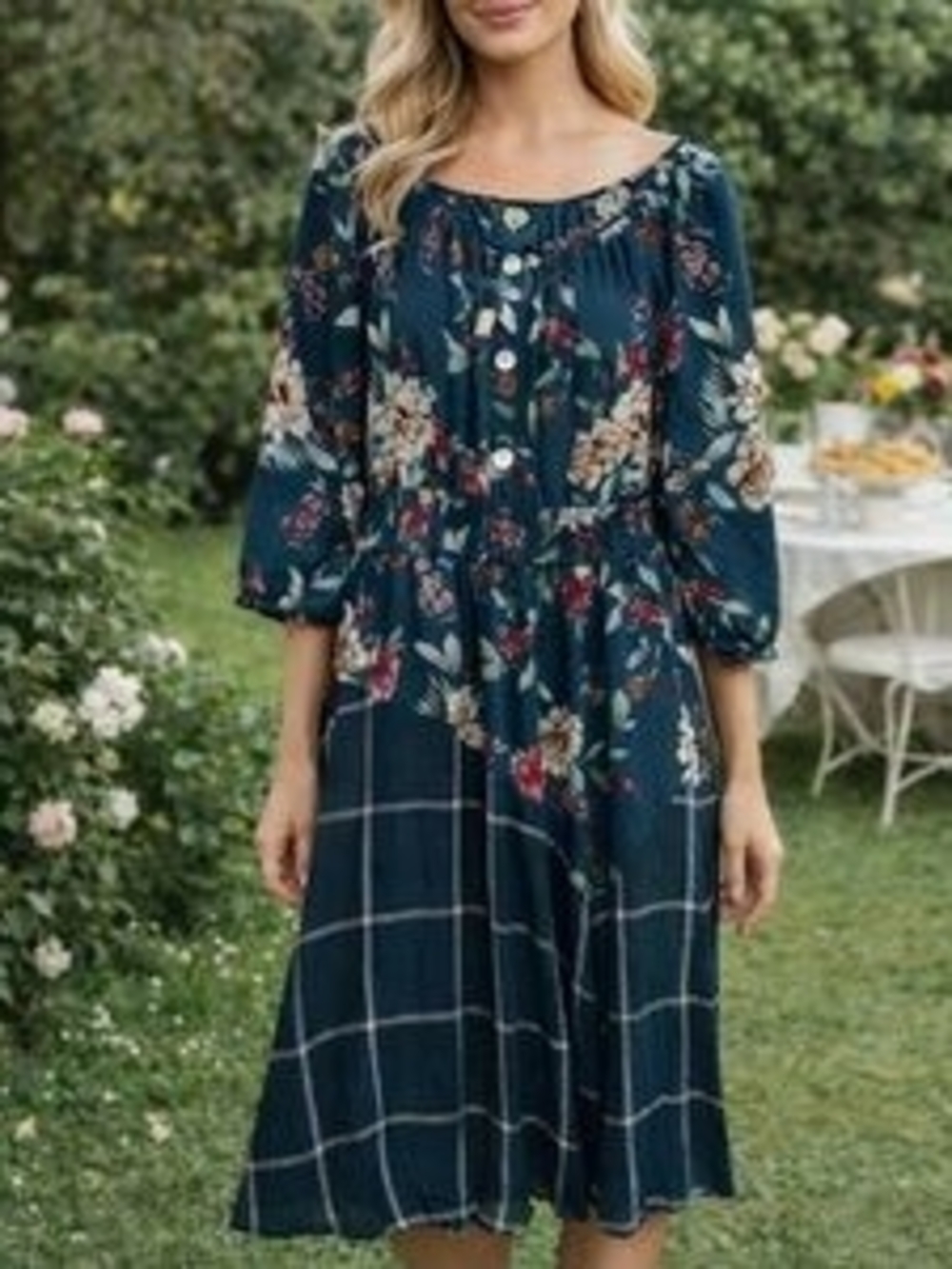 fig and flower Navy Floral & Plaid Maxi Dress